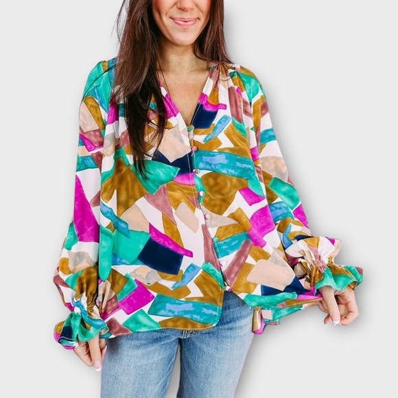 Entro Abstract Pattern Long Sleeve Button Front Loose Fit Ruffle Top Size Large - Picture 2 of 14